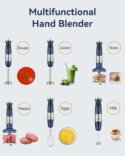 Immersion Blender Handheld 1000W 5 in 1 Corded Stick Hand Blender Kitchen with 12 Speed, BPA-Free, Mixing Beaker, Chopper, Whisk, Milk Frother, Perfect Emulsifier for Soup, Baby Food, Sauce, Puree