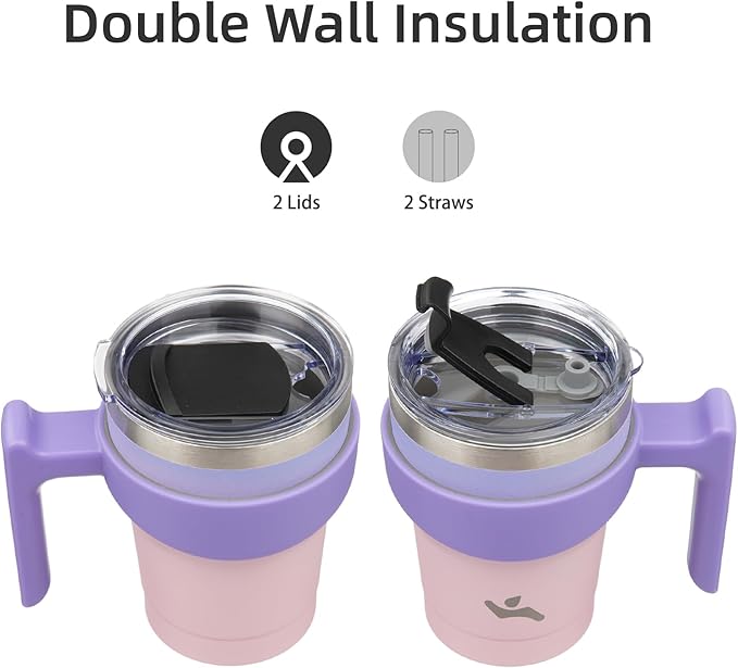 10 oz Tumbler with Handle and 2 Straw 2 Lid, Insulated Water Bottle Stainless Steel Vacuum Cup Reusable Travel Mug,Pastel Sunset
