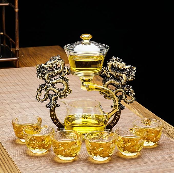 Semi Automatic Drip TeaPot, Lazy Kung Fu Glass Magnetic Tea Set, Pure Copper Heat Resistant Glass Magic Teapot Set, Suitable for home/office Reception Tea Set, Perfect for Holiday Gifts