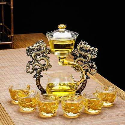Semi Automatic Drip TeaPot, Lazy Kung Fu Glass Magnetic Tea Set, Pure Copper Heat Resistant Glass Magic Teapot Set, Suitable for home/office Reception Tea Set, Perfect for Holiday Gifts