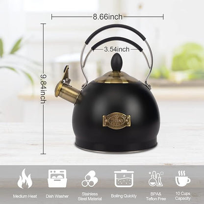 Whistling Tea Kettle Stainless Steel Teapot, Teakettle for Stovetop Induction Stove Top, Fast Boiling Heat Water Tea Pot 2.6 Quart