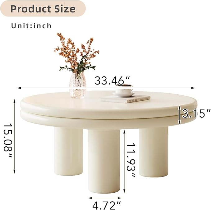 Modern Coffee Table, Round Coffee Table with Dual-Layered Table Tops, Cream White Living Room Center Table for Bedroom, Office, Small Spaces, Easy to Assemble