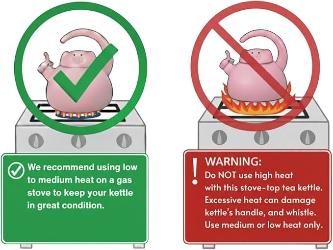 UPware Pink Pig Enamel on Steel Whistling Tea Kettle, Cute Animal Teakettle, 2.1 Quart