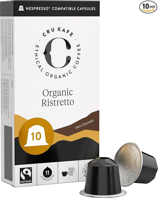Cru Kafe Ristretto USDA Organic Espresso Coffee Capsules (10 Pods) Fairtrade Coffee Pods Compatible with Nespresso Original Line and Pixie Machines
