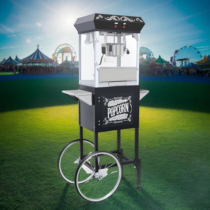 Vintage Popcorn Machine with Cart, 8oz Popper Stainless-Steel Kettle & Warming Light, Makes Up to 32 Cups, Ideal for Family Gatherings, Movie Theaters & Amusement Parks, Black