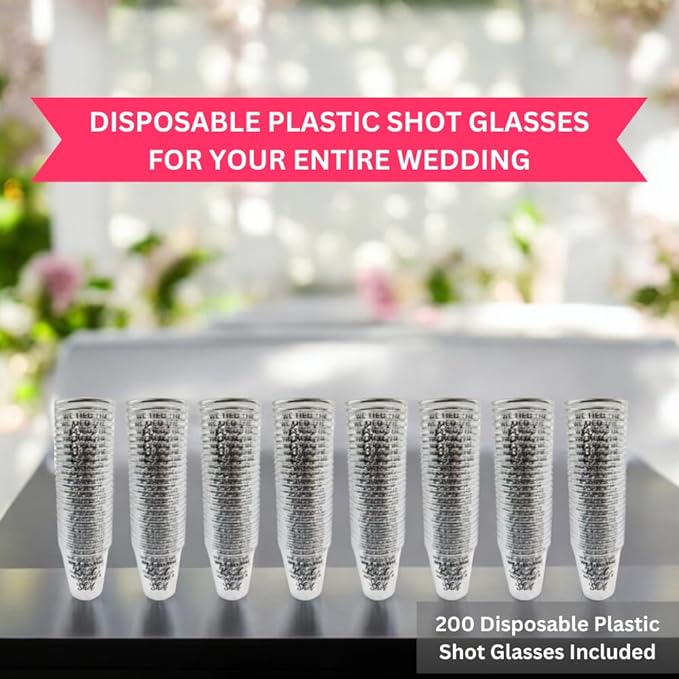 Disposable Plastic Wedding Shot Glasses, 200 Pack, 'We Tied the Knot Now Take a Shot' with Ring Design, Perfect for Weddings, Bridal Showers, Engagement Parties