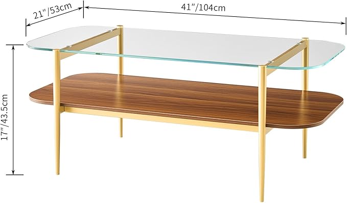 AGV LIGHTING Tadio Glass Coffee Table, Mid-Century Modern Coffee Table for Living Room, Gold Finish Leg, Clear Glass Top & Walnut Brown Shelf, Rounded Corners