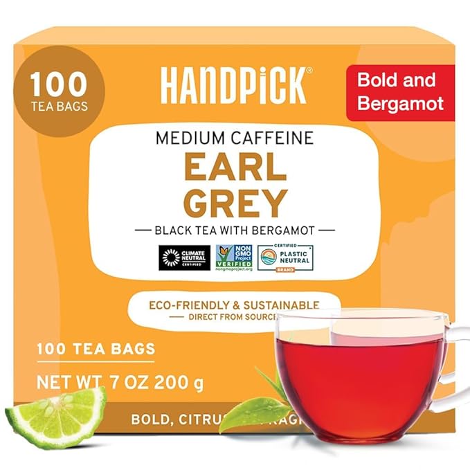 HANDPICK, Earl Grey Black Tea Bags (100 Count) Bergamot Oil | Caffeinated, Earl Grey Tea Bags | Flavoured With Citrus and Bergamot Brew Hot/Iced Tea with or without milk