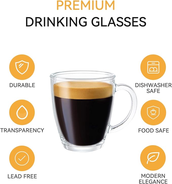 D.M DESIGN·MASTER [6 PACK,12 OZ - Premium Glass Coffee Mugs with Handle. Transparent Tea Glasses for Hot/Cold Beverages, Perfect Design for Americano, Cappuccino, Tea and Beverage.