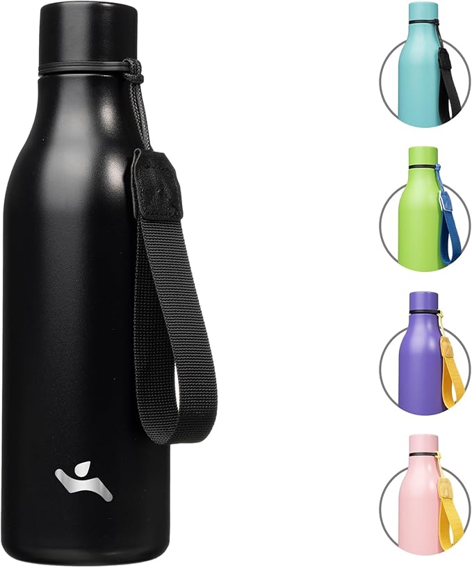Insulated Water Bottle with Strap,18 oz Double Wall Stainless Steel Vacuum Bottles Metal Water Flask,Black