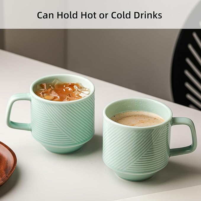 Stackable Coffee Mugs Set: 13 oz Ceramic Stacking Cups for Cappuccino Latte Tea - Microwave Safe Mug for Home & Office - 4 PCS, Mint Green