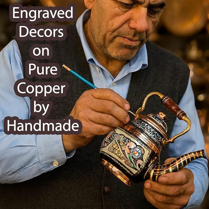 Vintage Copper Turkish TeaPot Tea Kettle Pot for Stovetop Stove Top Infuser Decorative Fancy Arabic Moroccan Party Serving Kitchen Antique Handmade Women Floral Unique Style Gooseneck Gift Decor