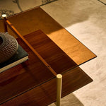 Load image into Gallery viewer, AGV LIGHTING Tadio Large Glass Coffee Table, Mid-Century Modern Coffee Table for Living Room, Gold Finish Leg, Coffee Brown Glass Top &amp; Walnut Brown Shelf, 47 in