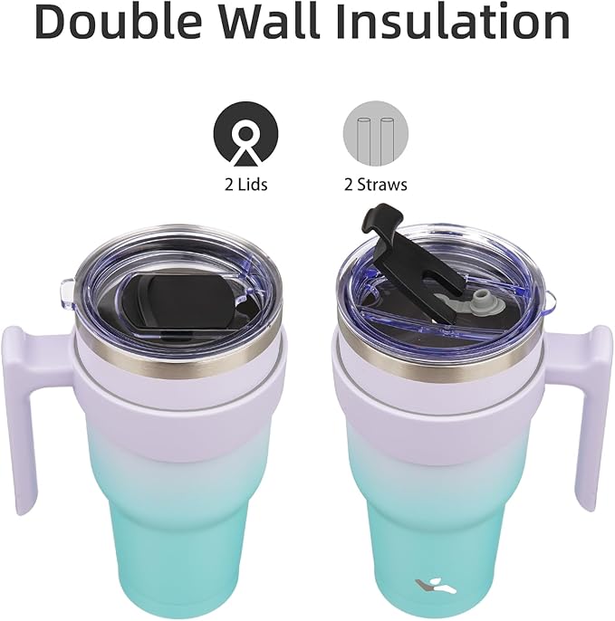 40 oz Tumbler with Handle and 2 Straw 2 Lid, Insulated Water Bottle Stainless Steel Vacuum Cup Reusable Travel Mug, Lavender Green