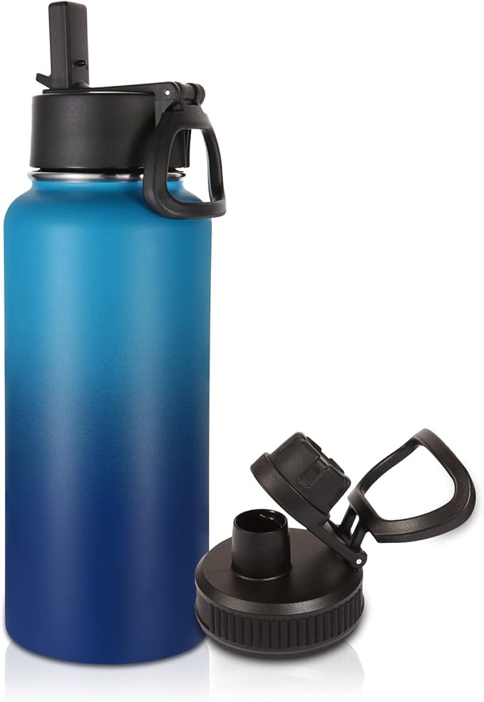 Volhoply 32 oz Water Bottle with Straw Lid & Spout Lid,Insulated Sports Water Bottle,Double Wall Vacuum Stainless Steel Cups,Leakproof Wide Mouth Metal Flask,Keeps Cold or Hot(Green Blue,1)
