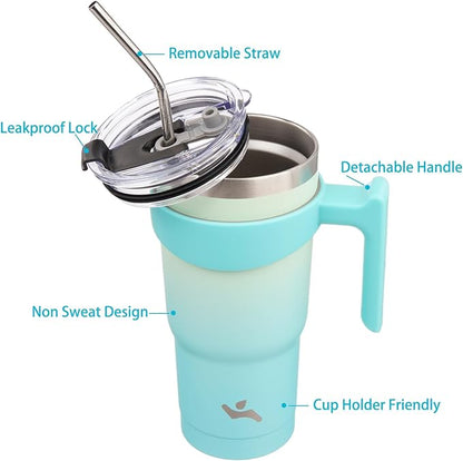 20 oz Tumbler with Handle and 2 Straw 2 Lid, Insulated Water Bottle Stainless Steel Vacuum Cup Reusable Travel Mug, Mint