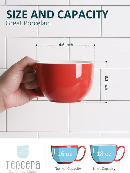 Teocera 16oz Large Coffee Mugs Set of 4 - Thick White Porcelain Cups for Cappuccino, Latte, Tea & Hot Chocolate - Dishwasher Safe Ceramic with Comfort Grip Handles (Red)