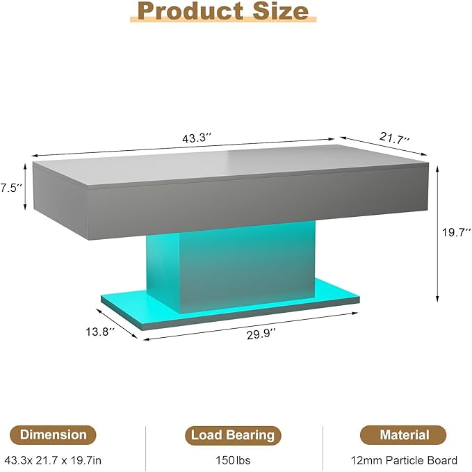 Led Coffee Table for Living Room, Living Room Table Rectangular Center Table, Modern High Glossy Wooden Coffee Tables with 16 Colors LED Lights for Dining Reception Room, Grey
