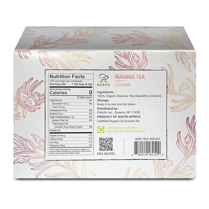 Soeos Organic Rooibos Tea, 9oz (250g), 100 Tagless Tea Bag, Naturally Caffeine Free, USDA Organic.