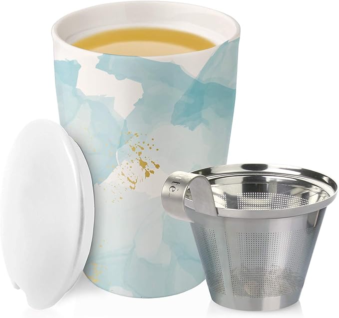 Tea Forte Wellbeing Double-Walled Ceramic Kati Cup with Removable Stainless Steel Infuser Basket and Lid, Steeps 12 oz Loose Leaf Tea, Lid and Cup Dishwasher & Microwave Safe