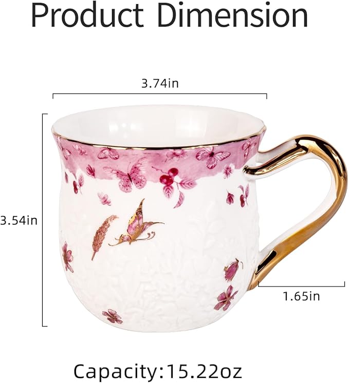 KAMMAK Coffee Mugs Ceramic Espresso Cups 16oz Porcelain Tea Cups Set of 2 Large Cappuccino Mugs with Handle Demitasse Mug for Hot Cocoa, Latte, Breakfast Cereal, Americano (Butterfly)