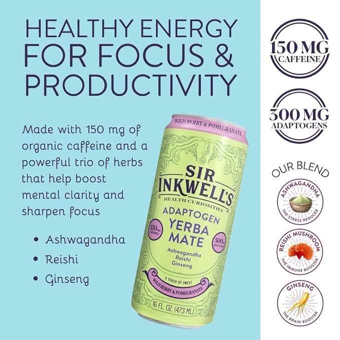 SIR INKWELL’S Adaptogen Yerba Mate Tea | Healthful Energy + Productivity 150 mg Organic Caffeine | 300mg Ashwagandha Reishi Ginseng |Non-GMO Certified | Wild Berry & Pomegranate 16oz 12pk