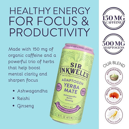 SIR INKWELL’S Adaptogen Yerba Mate Tea | Healthful Energy + Productivity 150 mg Organic Caffeine | 300mg Ashwagandha Reishi Ginseng |Non-GMO Certified | Wild Berry & Pomegranate 16oz 12pk