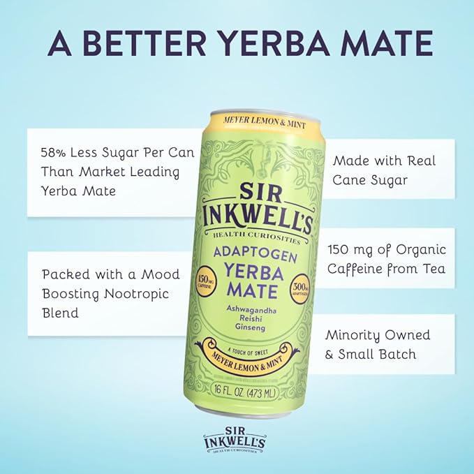 SIR INKWELL'S Adaptogen Yerba Mate Tea | Healthful Energy + Productivity 150 mg Organic Caffeine | 300mg Ashwagandha Reishi Ginseng | Non-GMO Certified | Meyer Lemon & Mint 16oz 12pk