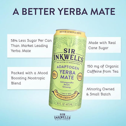 SIR INKWELL'S Adaptogen Yerba Mate Tea | Healthful Energy + Productivity 150 mg Organic Caffeine | 300mg Ashwagandha Reishi Ginseng | Non-GMO Certified | Meyer Lemon & Mint 16oz 12pk