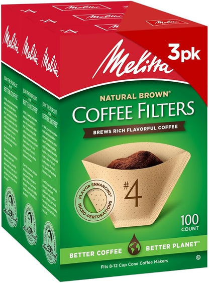 Melitta #4 Cone Coffee Filters, Unbleached Natural Brown, 100 Count (Pack of 3), 300 Total Filters - Packaging May Vary