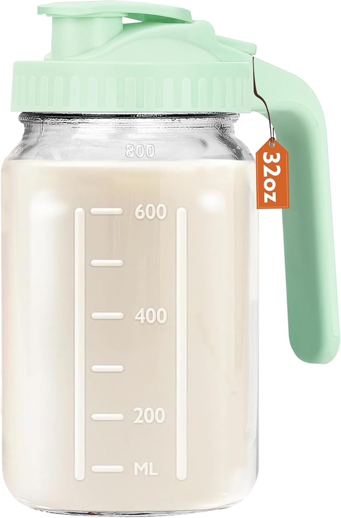 Breast Milk Pitcher, 32 OZ Mason Jar Pitcher with Lid Double Leak Proof,1 Quart Breastmilk Storage Containers for Fridge, Glass Jug for Sun Tea, Juice, Cold Brew Coffee