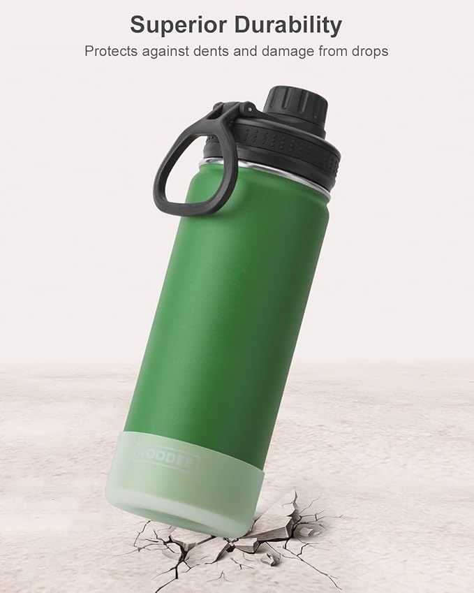 koodee Insulated Water Bottle, 18 oz Stainless Steel Double Wall Vacuum Wide Mouth Sport Bottle with Leakproof Spout Lid (Grass Green)