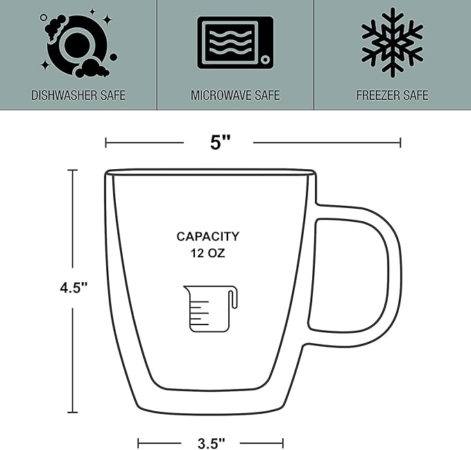 Gmark Large Coffee Mugs Set of 2 (12 oz, 350 ml), Double Wall Tumbler Glass Cup, Insulated Coffee Cups for Tea, Latte, Espresso, Juice, or Water GM2029