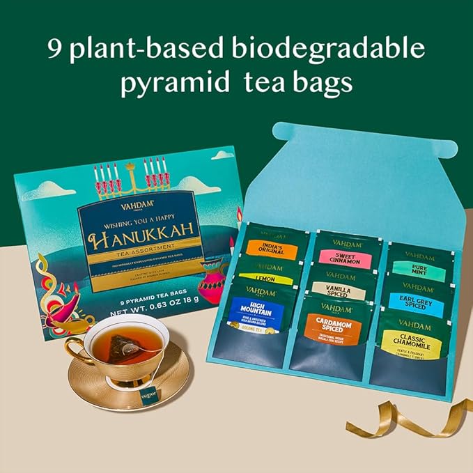 VAHDAM, Limited Edition - Hanukkah Tea Gift Basket | 9 Delicious Variety Pyramid Tea Bags | Perfect Hanukkah Gift for Friends and Family