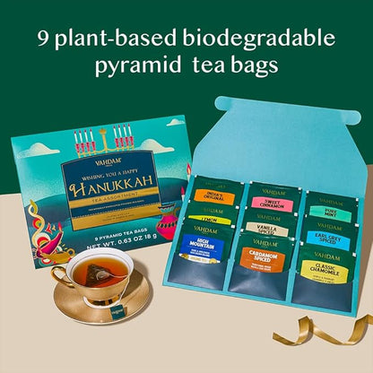 VAHDAM, Limited Edition - Hanukkah Tea Gift Basket | 9 Delicious Variety Pyramid Tea Bags | Perfect Hanukkah Gift for Friends and Family