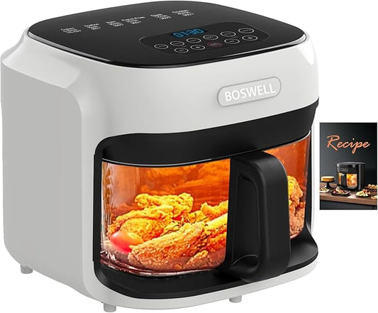 BOSWELL Glass Air Fryer, 7.5QT with Transparent Fry Bowl, Circulating Heating, Temperature Control, Air Fryer Roast, Dishwasher Safe (white)