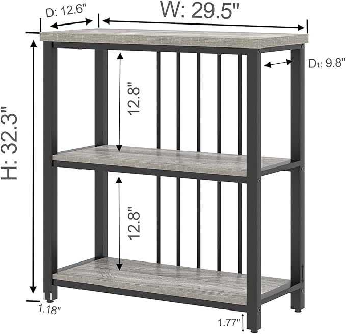 FOLUBAN 3 Tier Bookshelf, Short Bookcase for Small Space, Modern Wooden and Metal Book Shelf for Living Room Bedroom Office (Light Grey Oak)