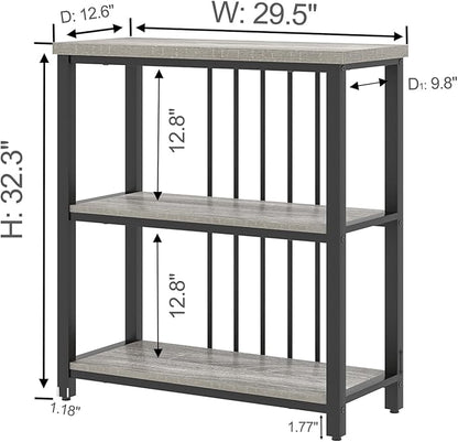 FOLUBAN 3 Tier Bookshelf, Short Bookcase for Small Space, Modern Wooden and Metal Book Shelf for Living Room Bedroom Office (Light Grey Oak)
