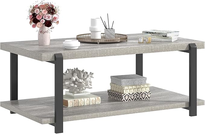 FOLUBAN Rustic Coffee Table, Modern Wood Center Table for Living Room, Industrial 2 Tier Rectangle Low Cocktail Tea Table with Storage Shelf, Light Grey