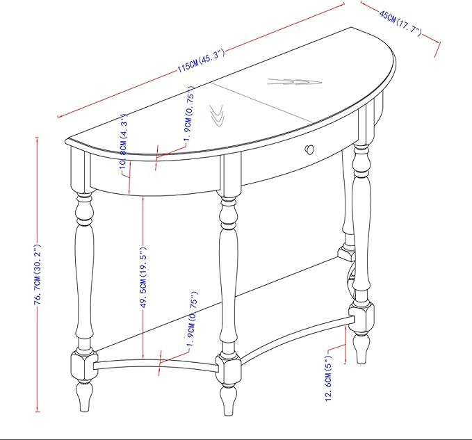 Solid Wood Console Table with Drawer and Storage Shelf, 45.3" Traditional Retro Semi-Circle Entryway Table Polished Edging Half-Moon Narrow Tables for Living Room Hallway Home, Vintage Walnut