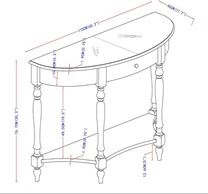 Solid Wood Console Table with Drawer and Storage Shelf, 45.3" Traditional Retro Semi-Circle Entryway Table Polished Edging Half-Moon Narrow Tables for Living Room Hallway Home, Vintage Walnut