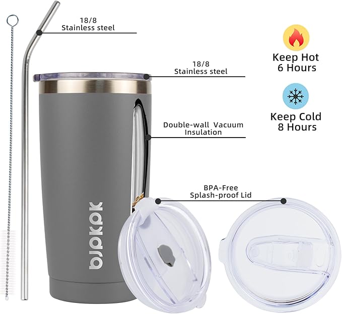 BJPKPK 20 oz Insulated Tumbler With Lid And Straw Stainless Steel Tumblers Coffee Mug Thermal Cup For Women And Men,Gray