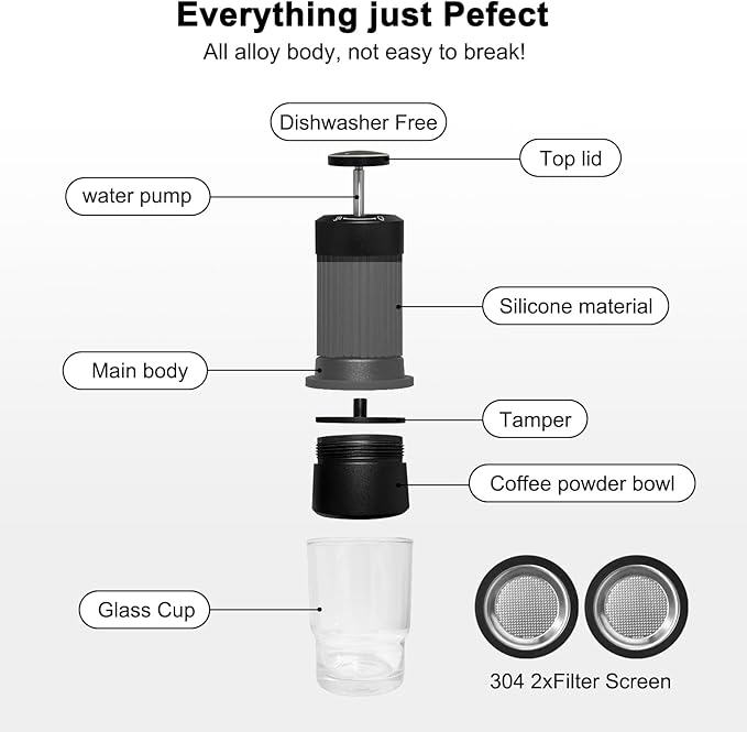 LANTE 3 in 1 9 Bar Coffee Maker Combines French Press Espresso Extraction Portable Coffee Machine All-aluminum alloy body with double-layer 304 filtration Suitable for Home Camping Travel