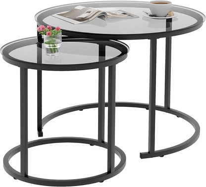 aboxoo Nesting Coffee Table Grey Glass Table Set of 2, Small Round Glass Nesting Tables for Living Room Bedroom, Accent Tea Table with Metal Frame Modern Industrial Simple