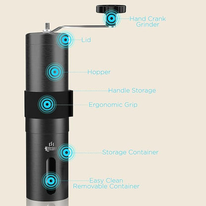 Manual Coffee Grinder — Stainless Steel Conical Burr Coffee Bean Grinder with Hand Crank, 18 Adjustable Settings, Storage Pouch and Sturdy Grip — Portable Coffee Grinder for Camping or Travel