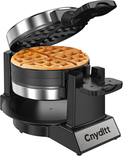 Double Waffle Maker, 1400W Rotating Belgian Waffle Iron with Nonstick Plates, 180° Flip, 8-Slice, Removable Drip Tray, Locking Lid & Cool Touch Handles, Stainless, Black