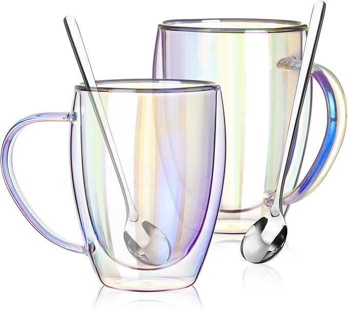 Double Walled Glass Coffee Mugs 12 OZ, Set of 2 Iridescent Glass Cups With Handle Perfect for Espresso, Cappuccino, Latte, Americano, Tea Bag, Beverage