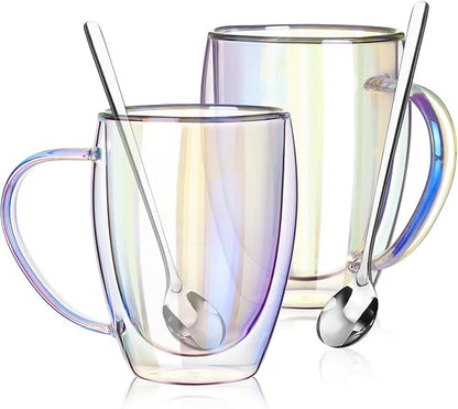 Double Walled Glass Coffee Mugs 12 OZ, Set of 2 Iridescent Glass Cups With Handle Perfect for Espresso, Cappuccino, Latte, Americano, Tea Bag, Beverage