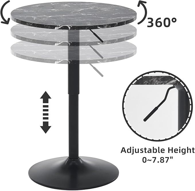 23.6" Round Bar Table, Adjustable Height, MDF Top with Metal Support, Suitable for Cafe, Kitchen Island, Counter, Black
