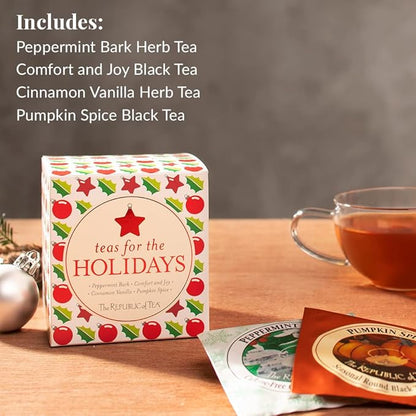 The Republic of Tea – Holiday Teas Assortment, 24 Individually-Wrapped Tea Bag Samples | Peppermint, Cinnamon, Vanilla, Pumpkin Spice